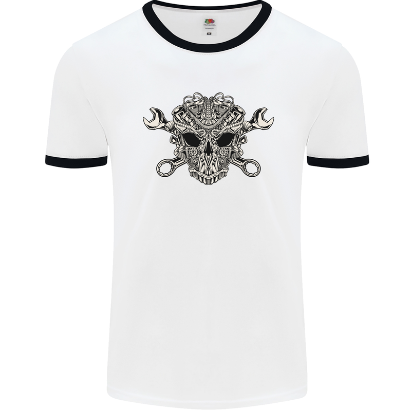 Mechanic Engine Skull Mens White Ringer T-Shirt White/Black