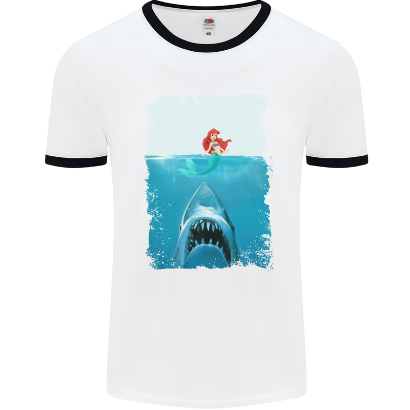 Funny Shark Parody Scuba Diving Fishing Mens White Ringer T-Shirt White/Black