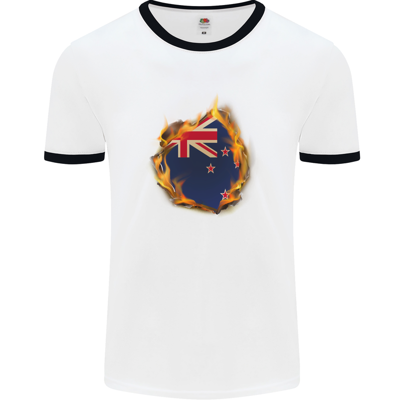 The Flag of New Zealand Fire Effect Kiwi Mens White Ringer T-Shirt White/Black