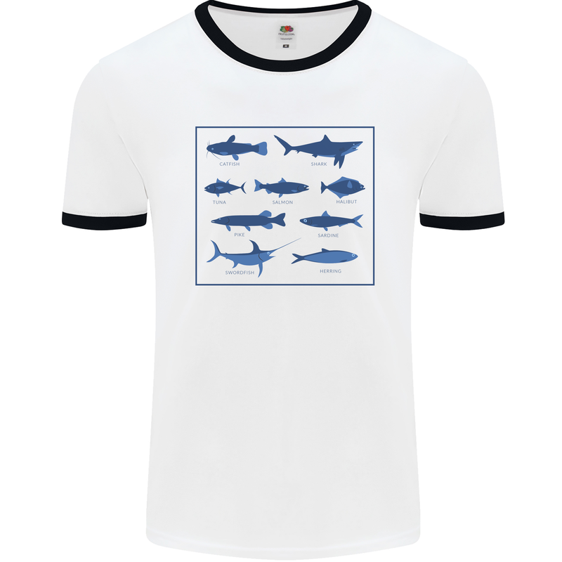 Fish Species Fishing Fisherman Shark Mens White Ringer T-Shirt White/Black