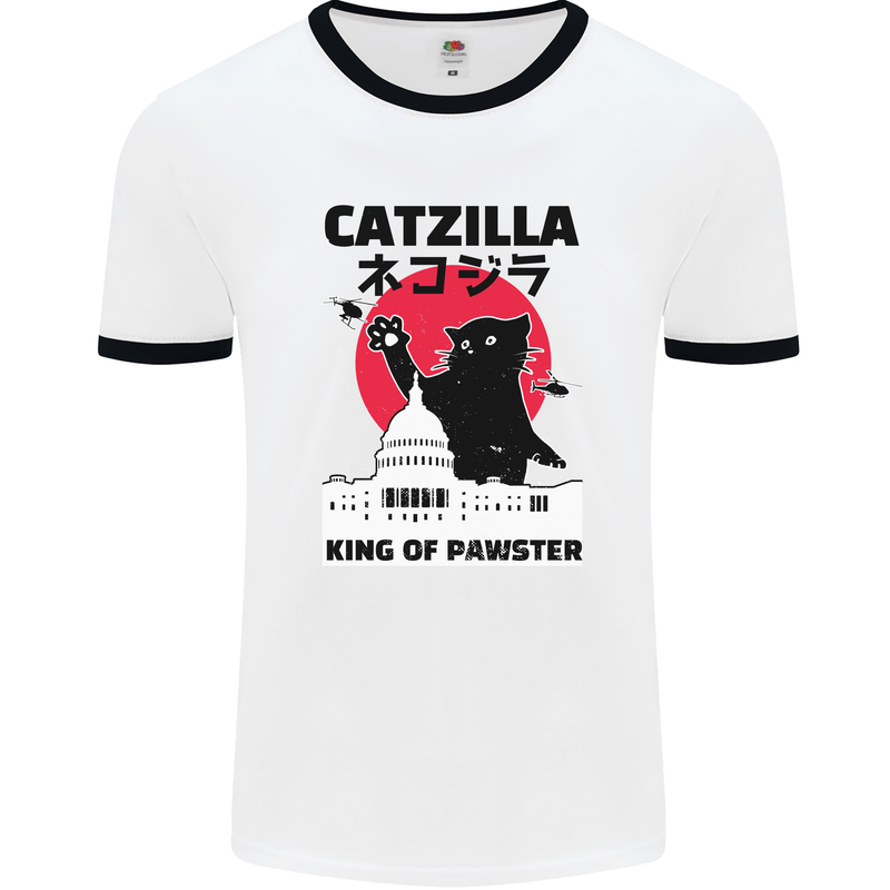 Catzilla Funny Cat Parody Mens White Ringer T-Shirt White/Black