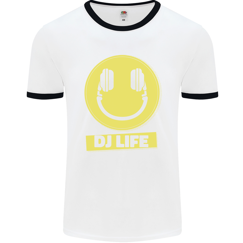 Headphones DJ Life Acid Face Vinyl Decks Mens White Ringer T-Shirt White/Black