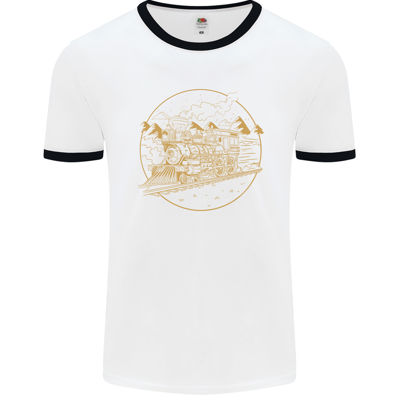 Gold Locomotive Steam Engine Train Spotter Mens White Ringer T-Shirt White/Black