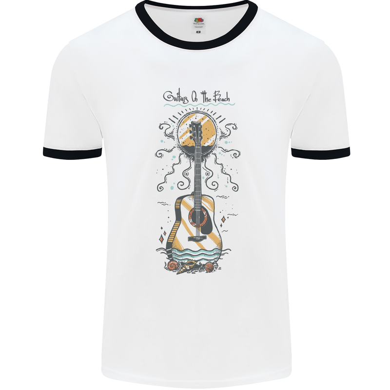 Guitar Beach Acoustic Holiday Surfing Music Mens White Ringer T-Shirt White/Black