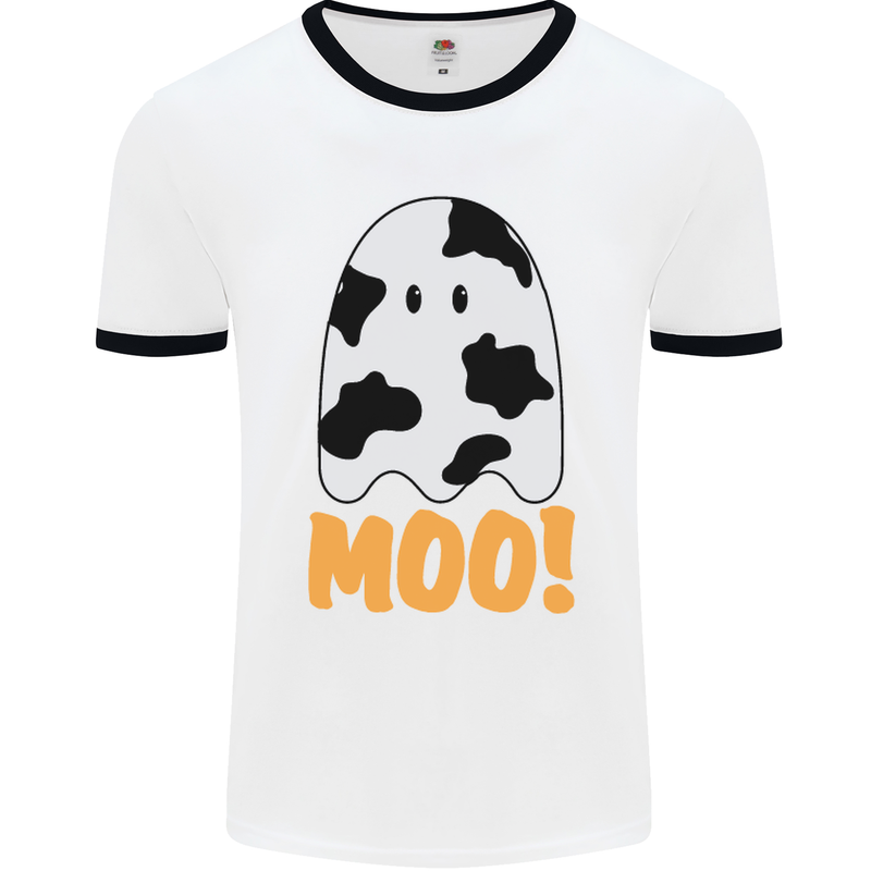 Moo Funny Cow Ghost Halloween Spooky Mens White Ringer T-Shirt White/Black