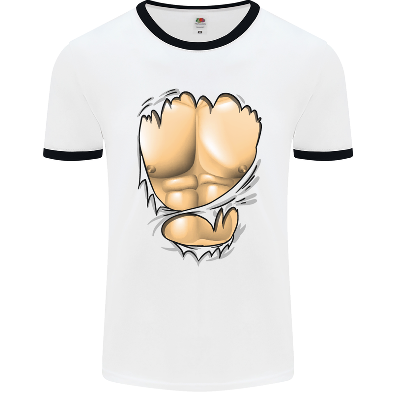 Gym Ripped Muscles Effect Mens White Ringer T-Shirt White/Black