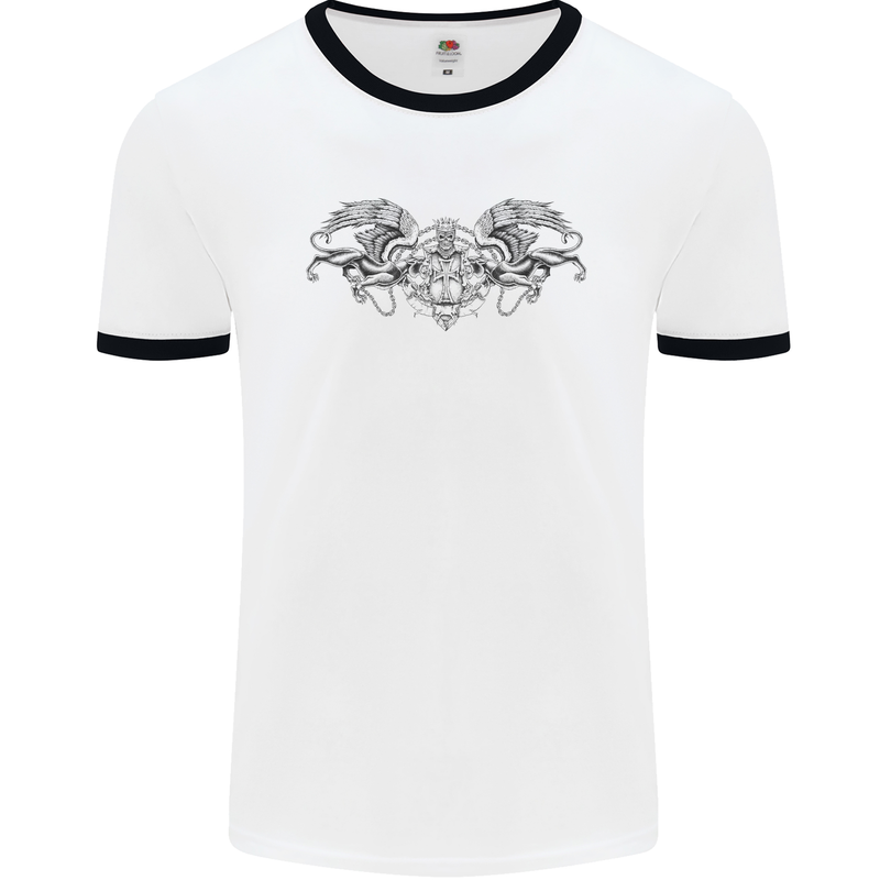 St Georges Day Roman Skull Wings Panther Mens White Ringer T-Shirt White/Black