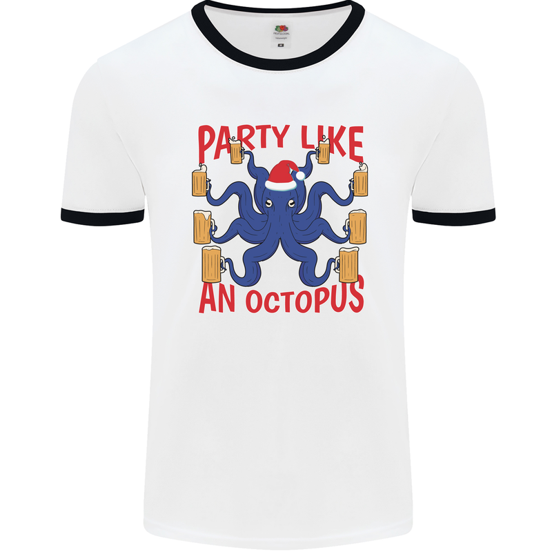 Beer Party Octopus Christmas Scuba Diving Mens White Ringer T-Shirt White/Black