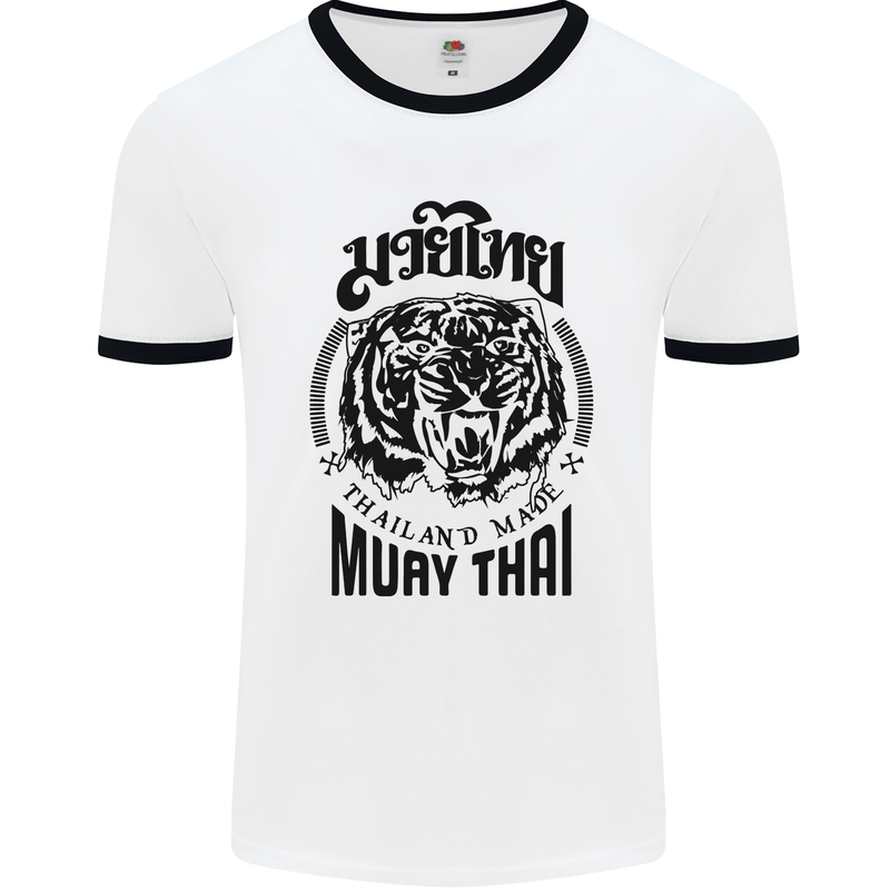 Muay Thai Fighter Warrior MMA Martial Arts Mens White Ringer T-Shirt White/Black