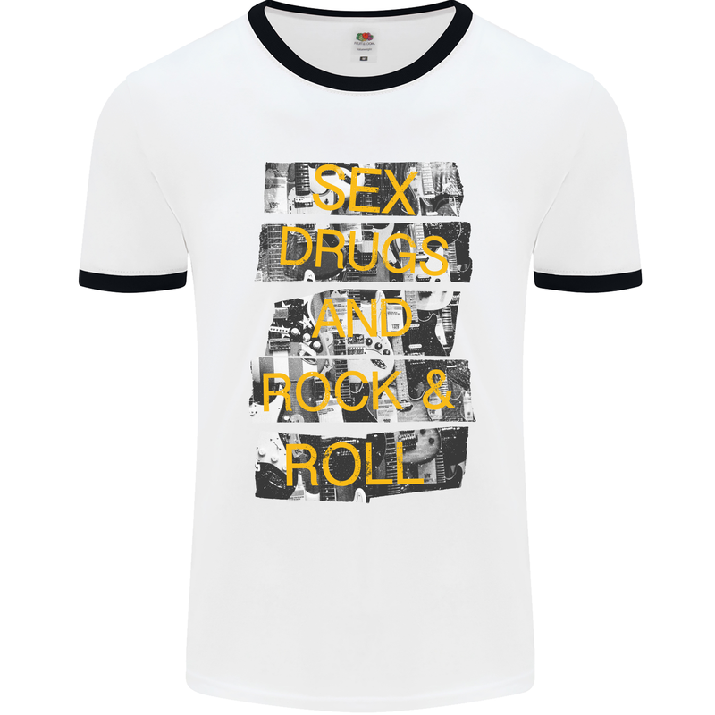 Sex Drugs & Rock & Roll Guitar Music Weed Mens White Ringer T-Shirt White/Black