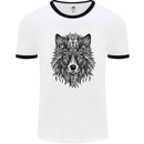 Mandala Tribal Wolf Tattoo Mens White Ringer T-Shirt White/Black