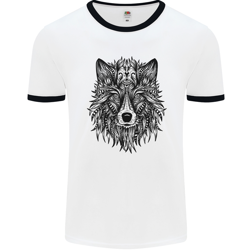 Mandala Tribal Wolf Tattoo Mens White Ringer T-Shirt White/Black