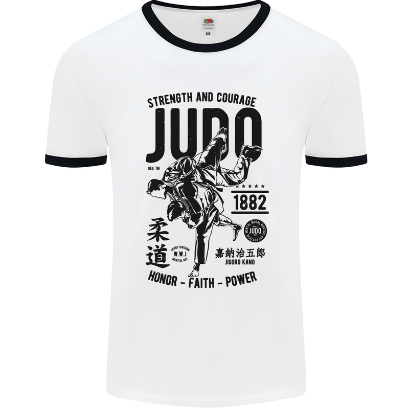 Judo Strength and Courage Martial Arts MMA Mens White Ringer T-Shirt White/Black