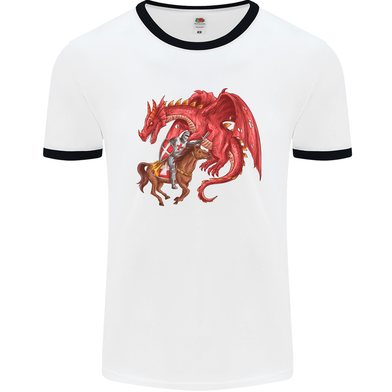 St. George Killing a Dragon Mens White Ringer T-Shirt White/Black