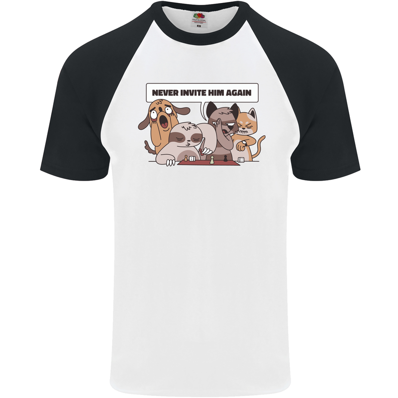 Sloth Board Games Funny Mens S/S Baseball T-Shirt White/Black