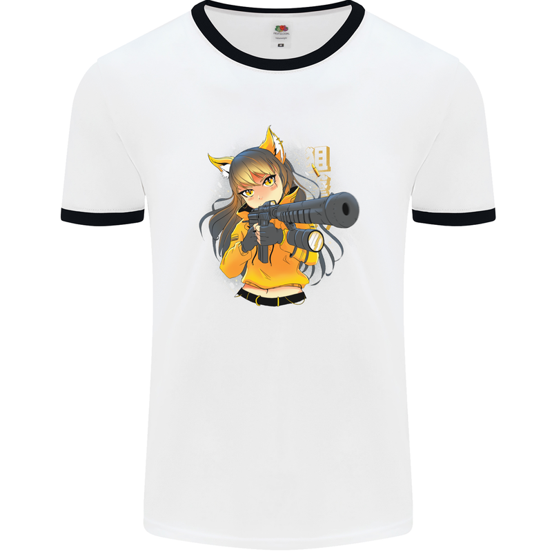 Anime Gun Girl Mens Ringer T-Shirt White/Black
