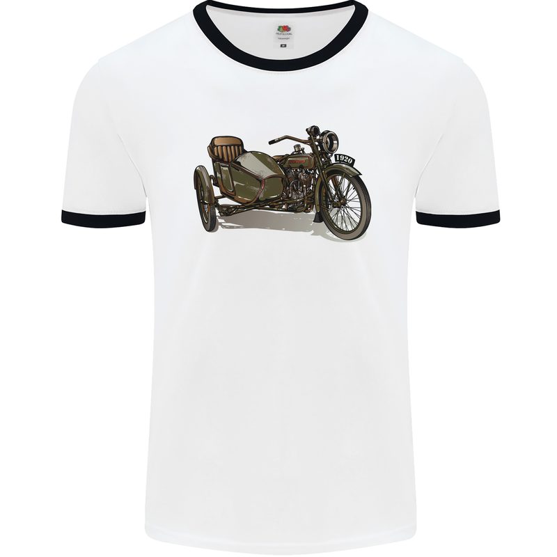 Motorcycle and Sidecar Biker Motorbike Mens White Ringer T-Shirt White/Black