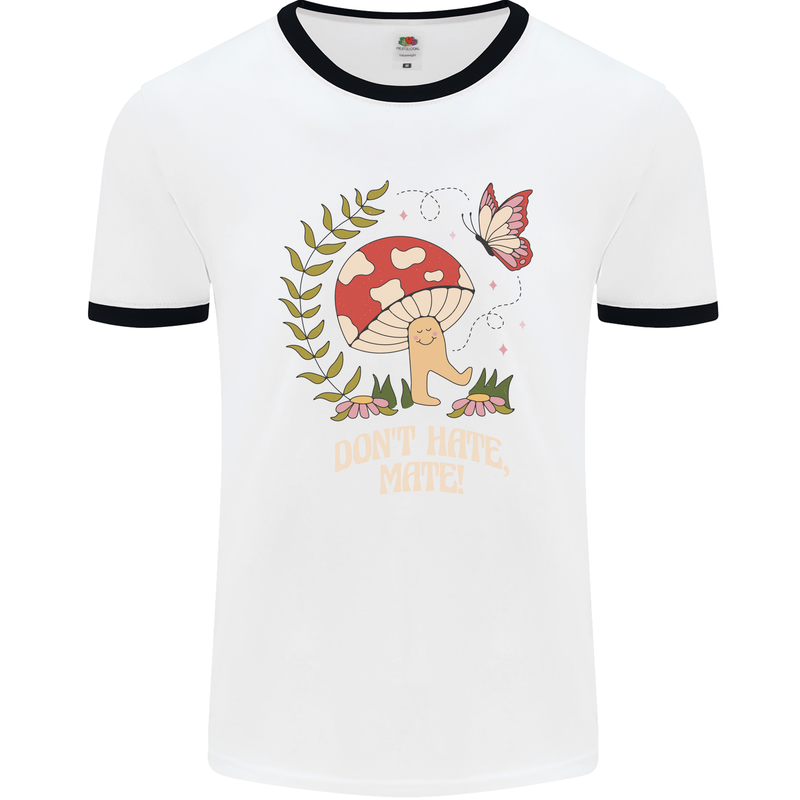 Dont Hate Mate Peace Hippy Toadstool Mens White Ringer T-Shirt White/Black