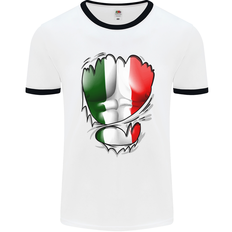 Gym Italian Flag Ripped Muscles Italy Mens White Ringer T-Shirt White/Black