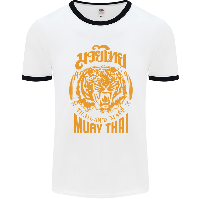 Muay Thai Fighter Warrior MMA Martial Arts Mens White Ringer T-Shirt White/Black