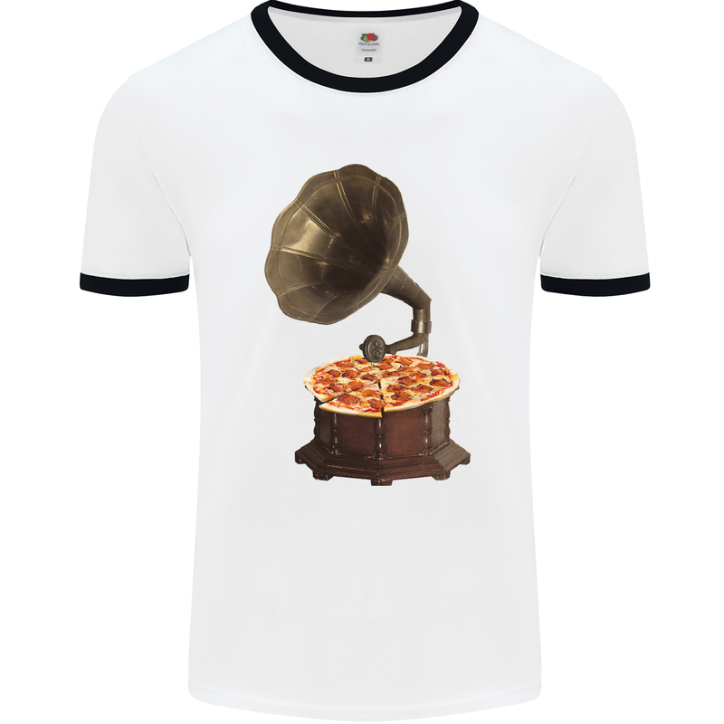 Pizza Gramophone Vinyl Records Turntable DJ Mens Ringer T-Shirt White/Black