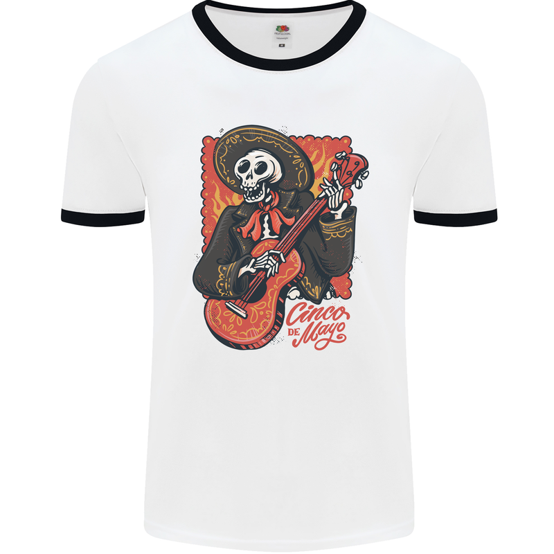 Mariachi Skeleton Cinco De Mayo Skull Mens White Ringer T-Shirt White/Black