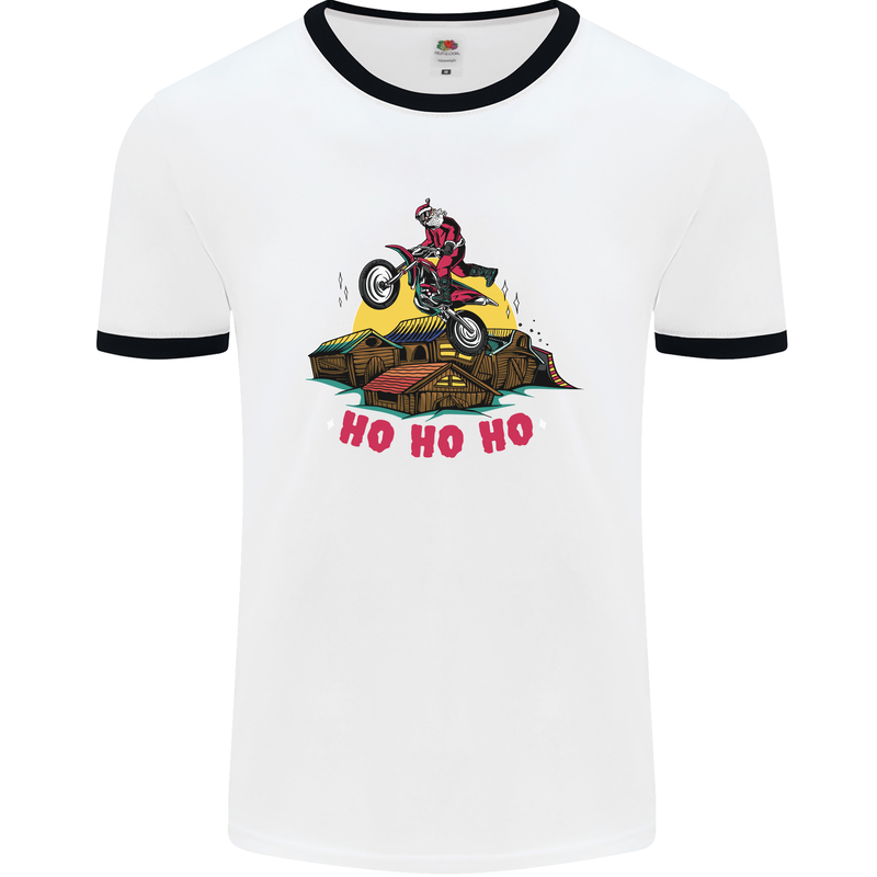 Christmas Santa Motocross Dirt Bike Mens White Ringer T-Shirt White/Black