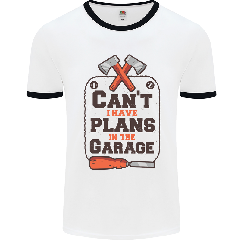 Plans In the Garage Carpentry DIY Tradesman Mens White Ringer T-Shirt White/Black