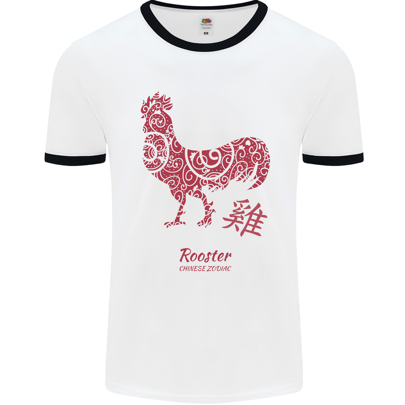 Chinese Zodiac Year of the Rooster Mens White Ringer T-Shirt White/Black