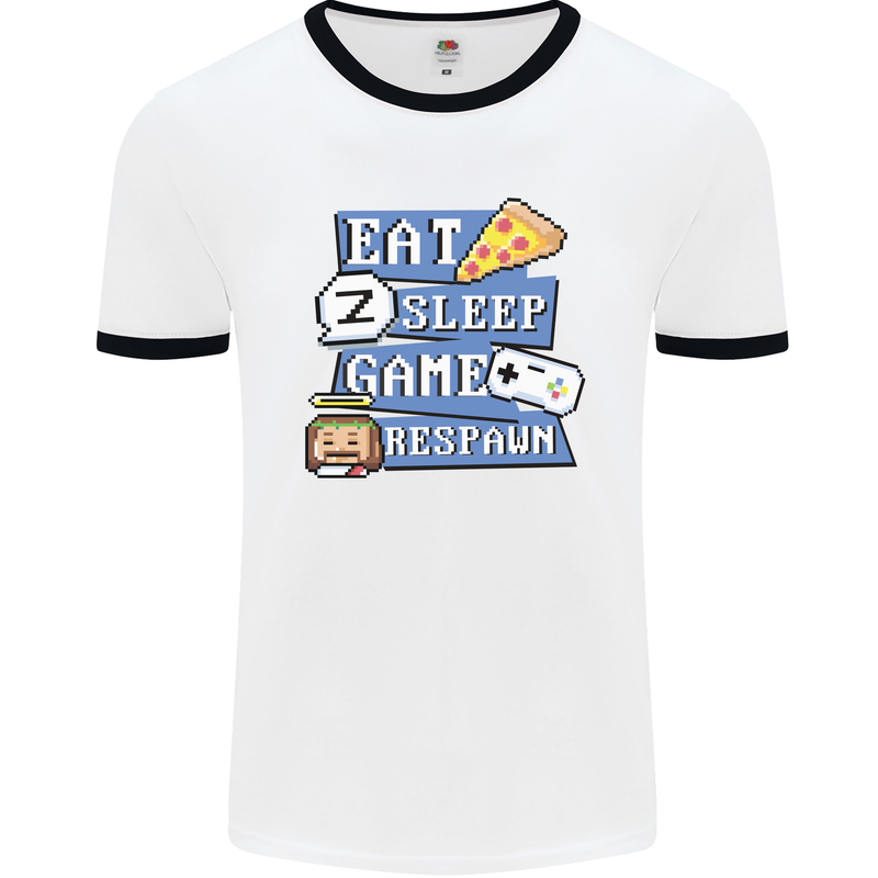 Gaming Eat Sleep Game Respawn Gamer Arcade Mens White Ringer T-Shirt White/Black