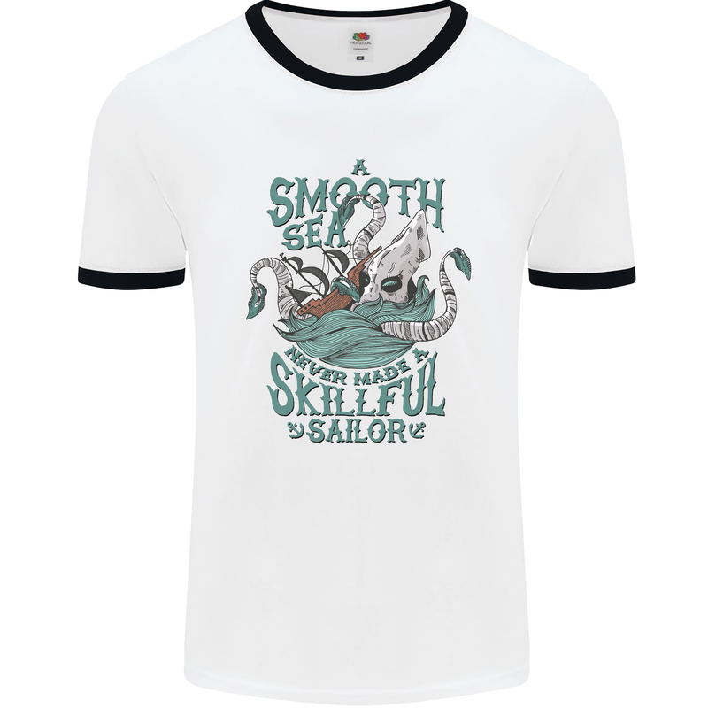 Skilful Sailor Kraken Sailing Octopus Mens White Ringer T-Shirt White/Black