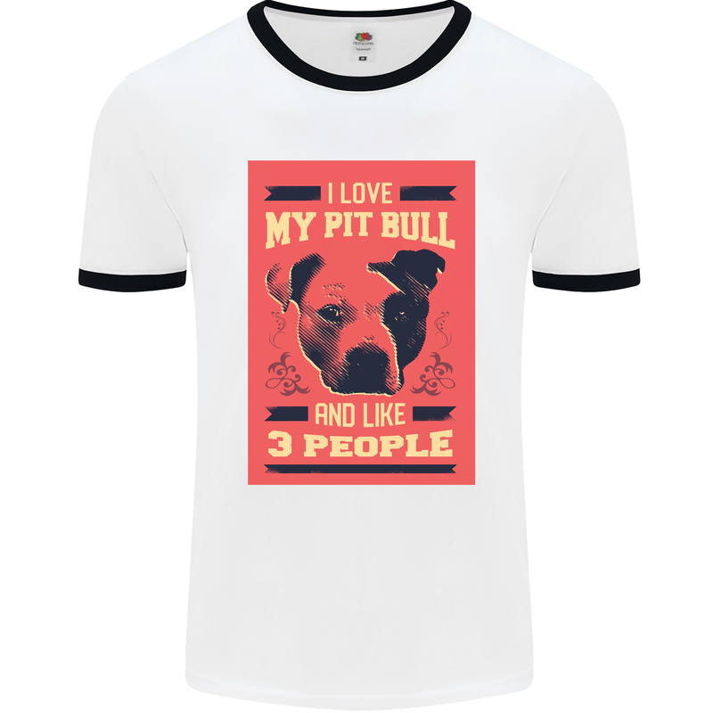 I Love My Pitbull & 3 People Funny Mens White Ringer T-Shirt White/Black