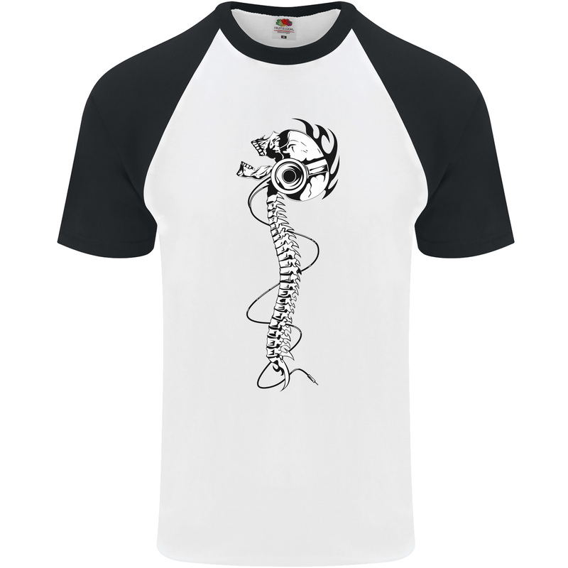 Headphone Wearing Skull Spine Mens S/S Baseball T-Shirt White/Black