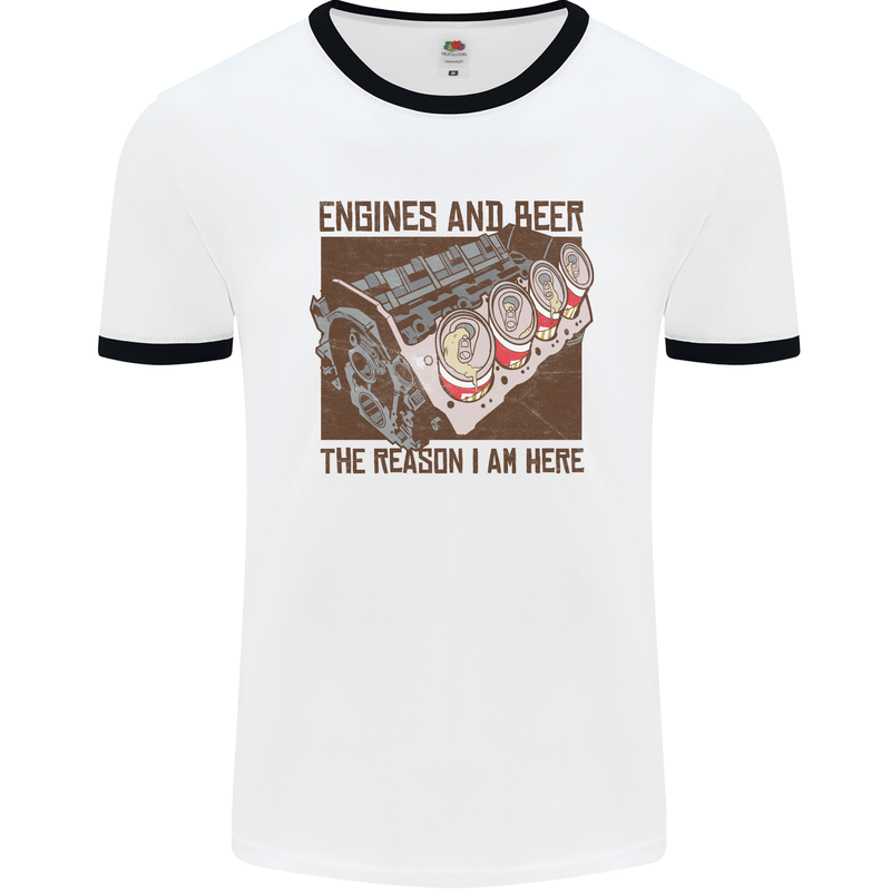 Engines & Beer Cars Hot Rod Mechanic Funny Mens White Ringer T-Shirt White/Black