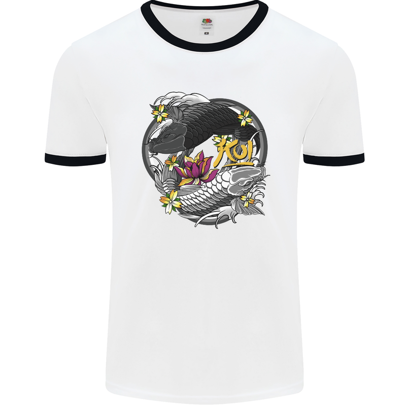 Koi Carp Yin and Yang Fish Pond Mens White Ringer T-Shirt White/Black