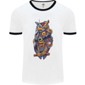 Funny Steampunk Pirate Owl Mens White Ringer T-Shirt White/Black