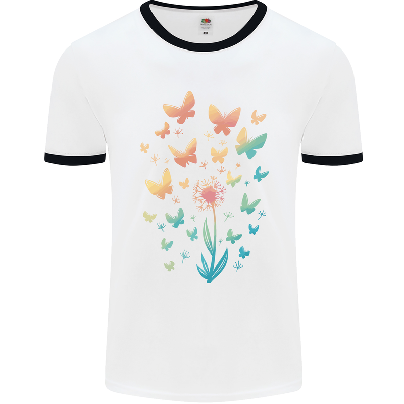 Dandelion Butterfly Plant Gardening Mens White Ringer T-Shirt White/Black