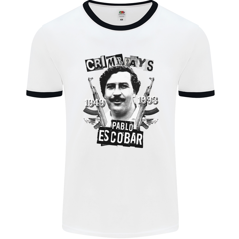 Pablo Escobar Crime Pays Mens White Ringer T-Shirt White/Black