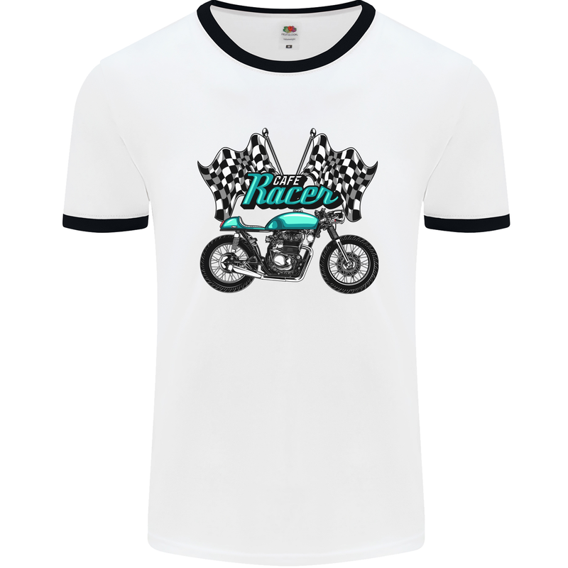 Cafe Racer Biker Motorcycle Motorbike Mens White Ringer T-Shirt White/Black