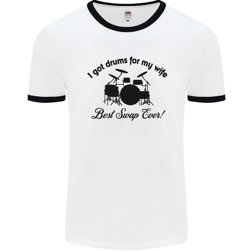 Drums for My Wife Drumming Drummer Mens White Ringer T-Shirt White/Black