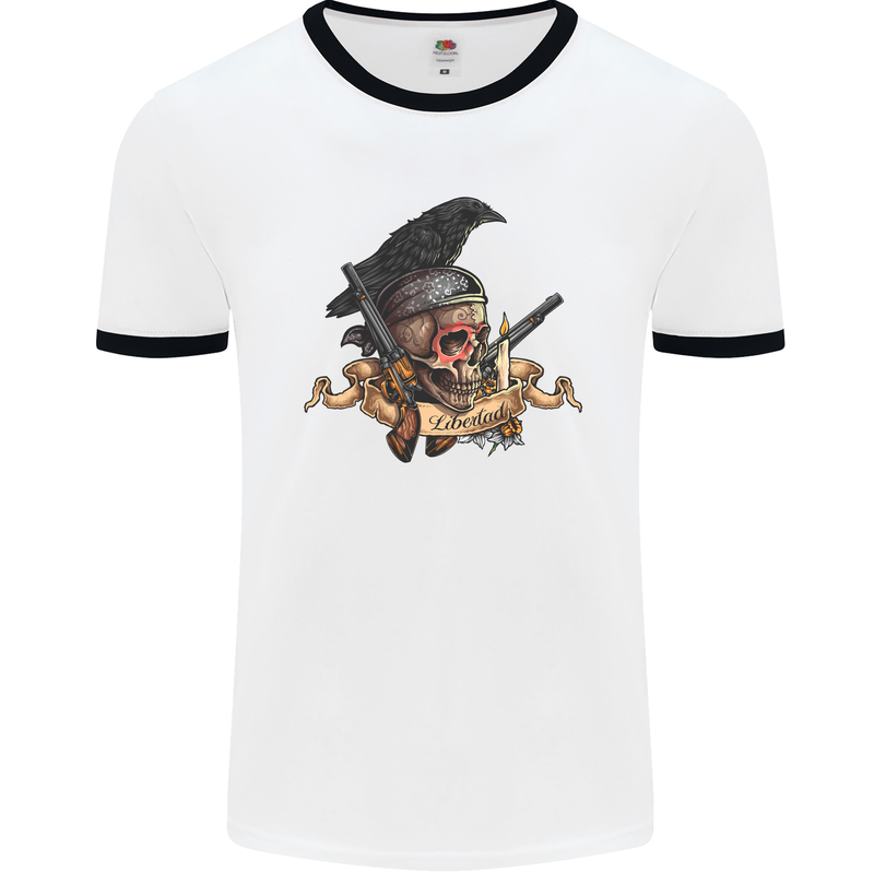 Libertad Skull Freedom Pirate Crow Raven Mens White Ringer T-Shirt White/Black