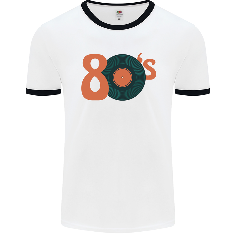 80s Music Vinyl Record Decks Turntable Mens Ringer T-Shirt White/Black