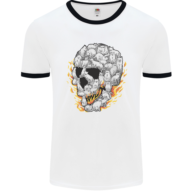 Fire Skull Made of Cats Mens White Ringer T-Shirt White/Black