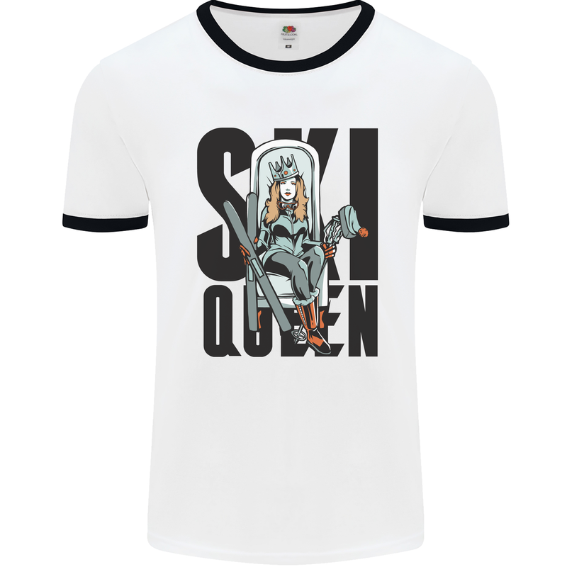 Ski Queen Funny Skiing Mens Ringer T-Shirt White/Black