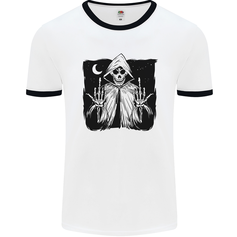 Grim Reaper Finger Flip Skull Biker Funny Mens White Ringer T-Shirt White/Black