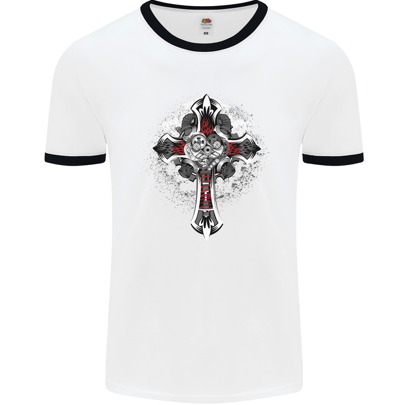 Steampunk Cross Gothic Heavy Metal Biker Mens White Ringer T-Shirt White/Black