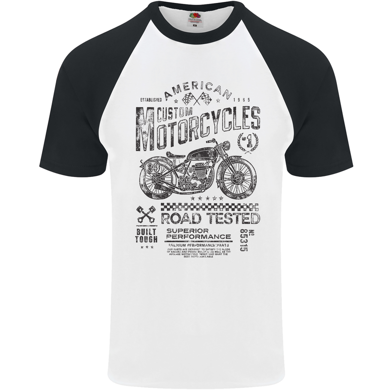 American Custom Motorbike Biker Motorcycle Mens S/S Baseball T-Shirt White/Black