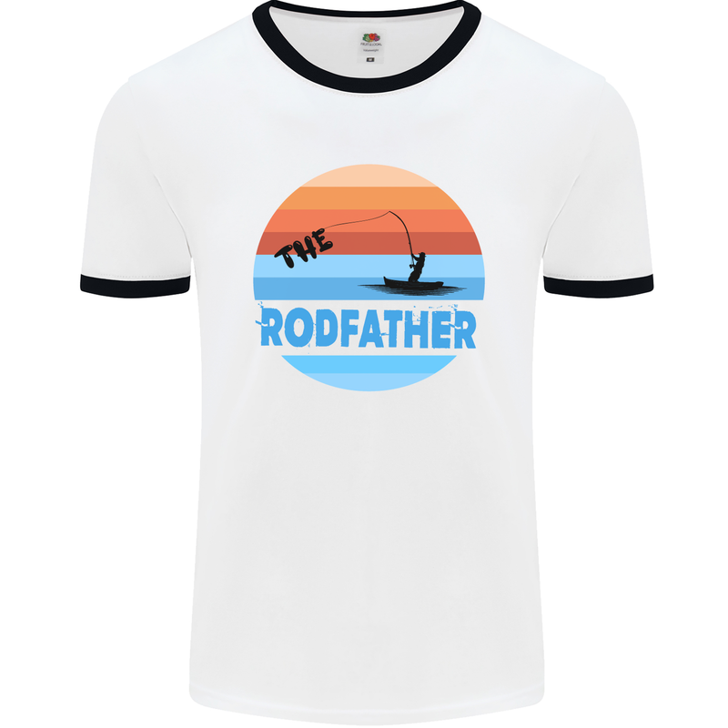 The Rodfather Funny Fishing Rod Father Mens White Ringer T-Shirt White/Black