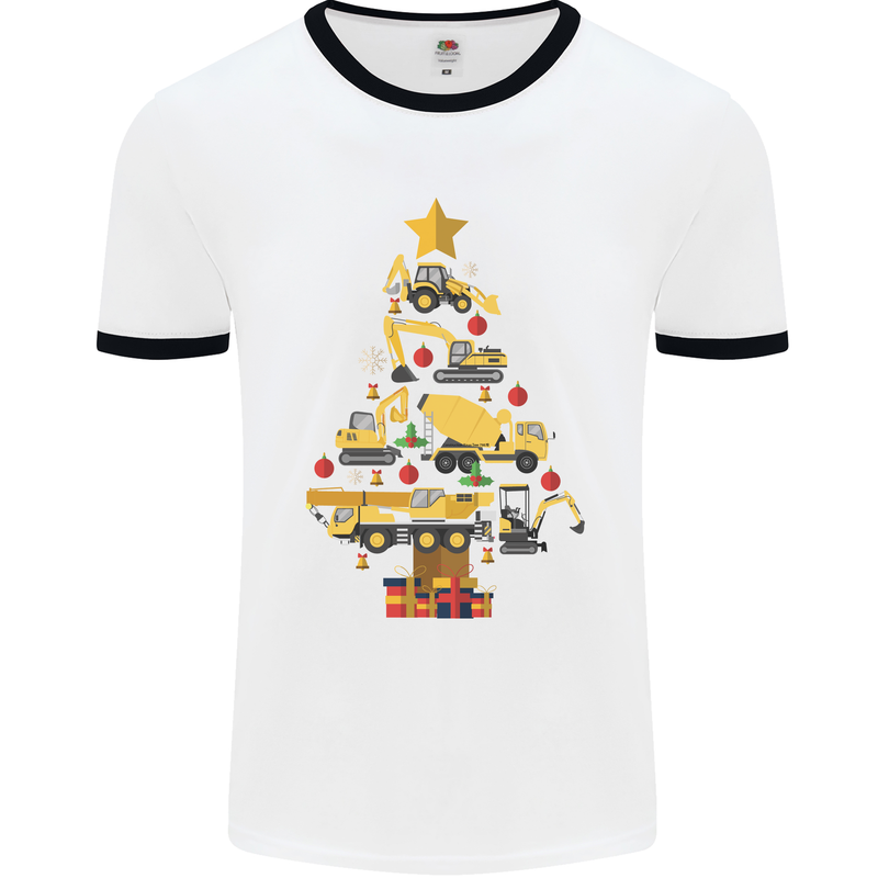 Construction Christmas Tree Digger Lorry Crane Mens White Ringer T-Shirt White/Black