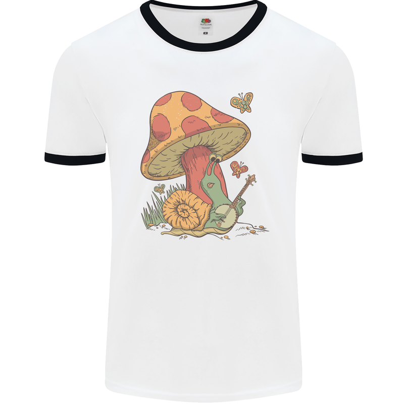 Snail Playing Guitar Rock Music Guitarist Mens White Ringer T-Shirt White/Black